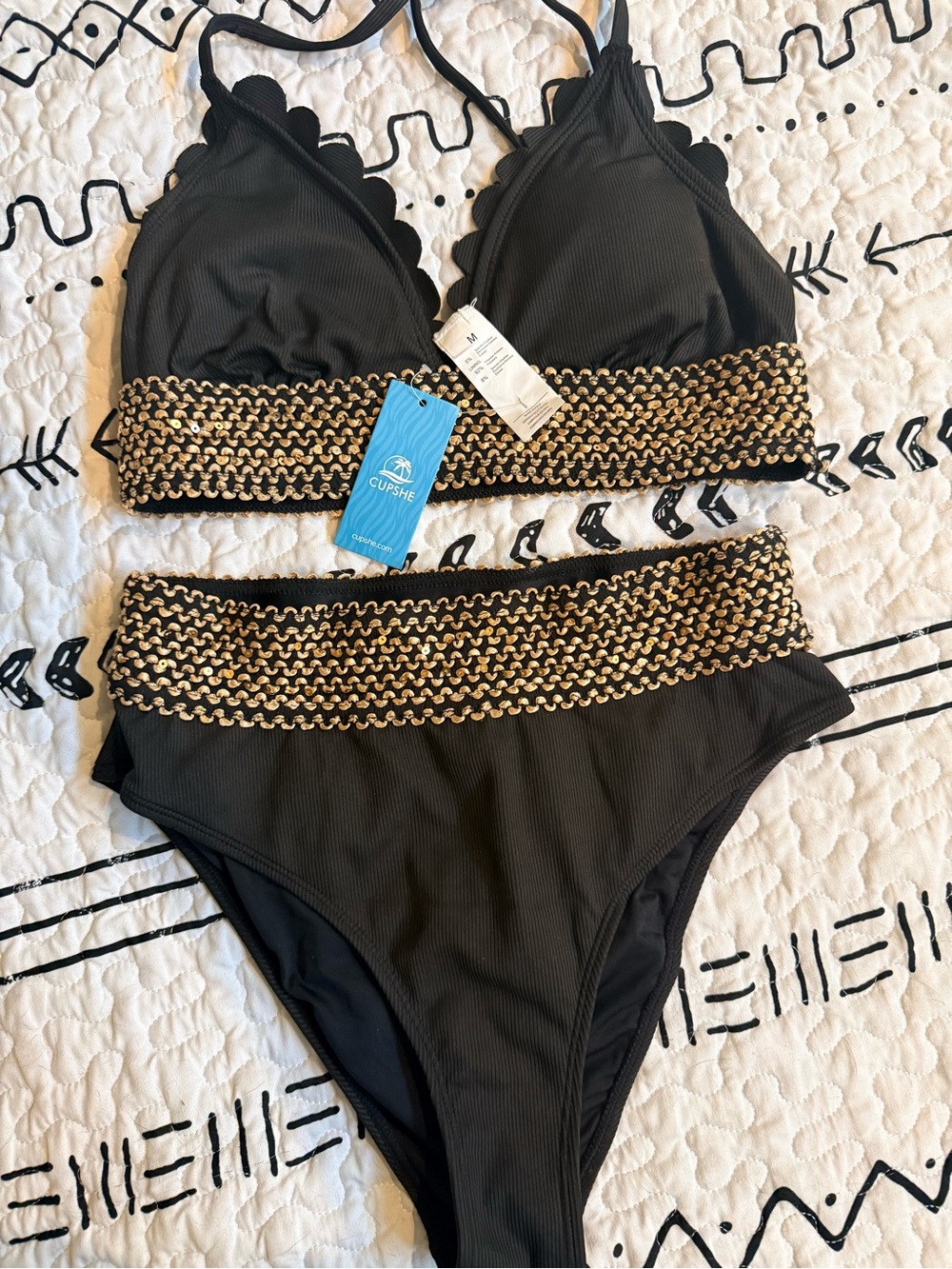 Cupshe Black Bikini Set with Gold Chain Trim